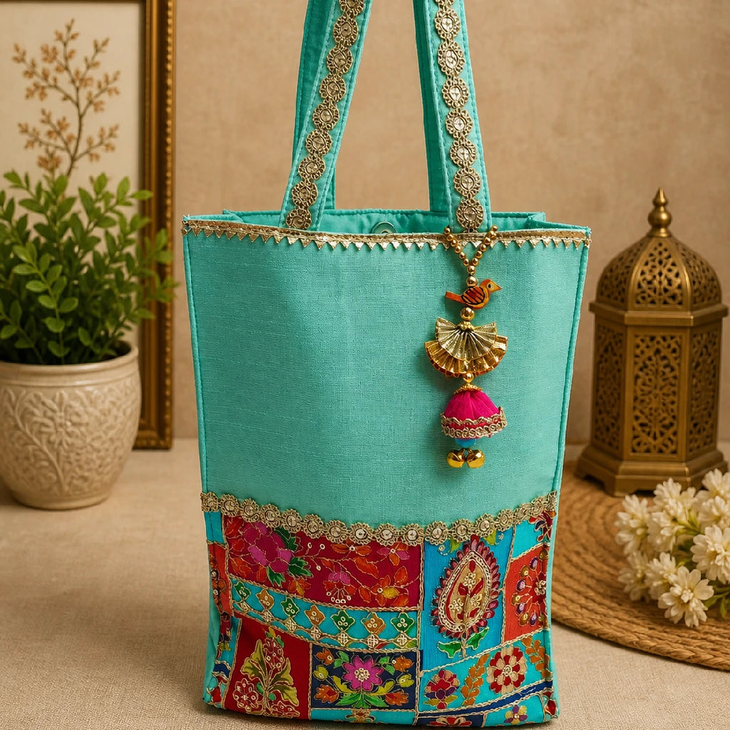 Designer Dupion Silk Ethnic Handbag for Women | Traditional Gift Tote Bag