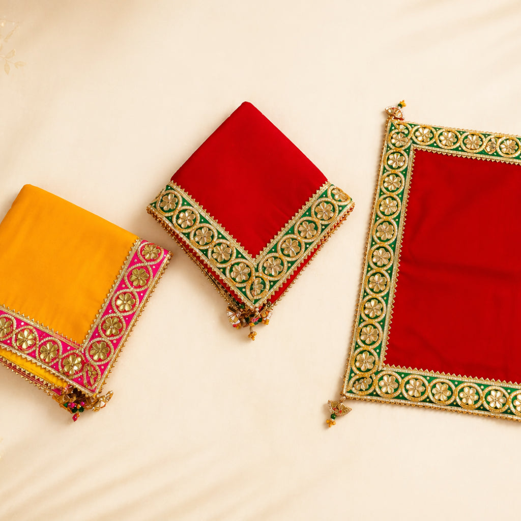 Premium Velvet Pooja Mat with Gota Patti Lace & Tassel – Handcrafted Decor