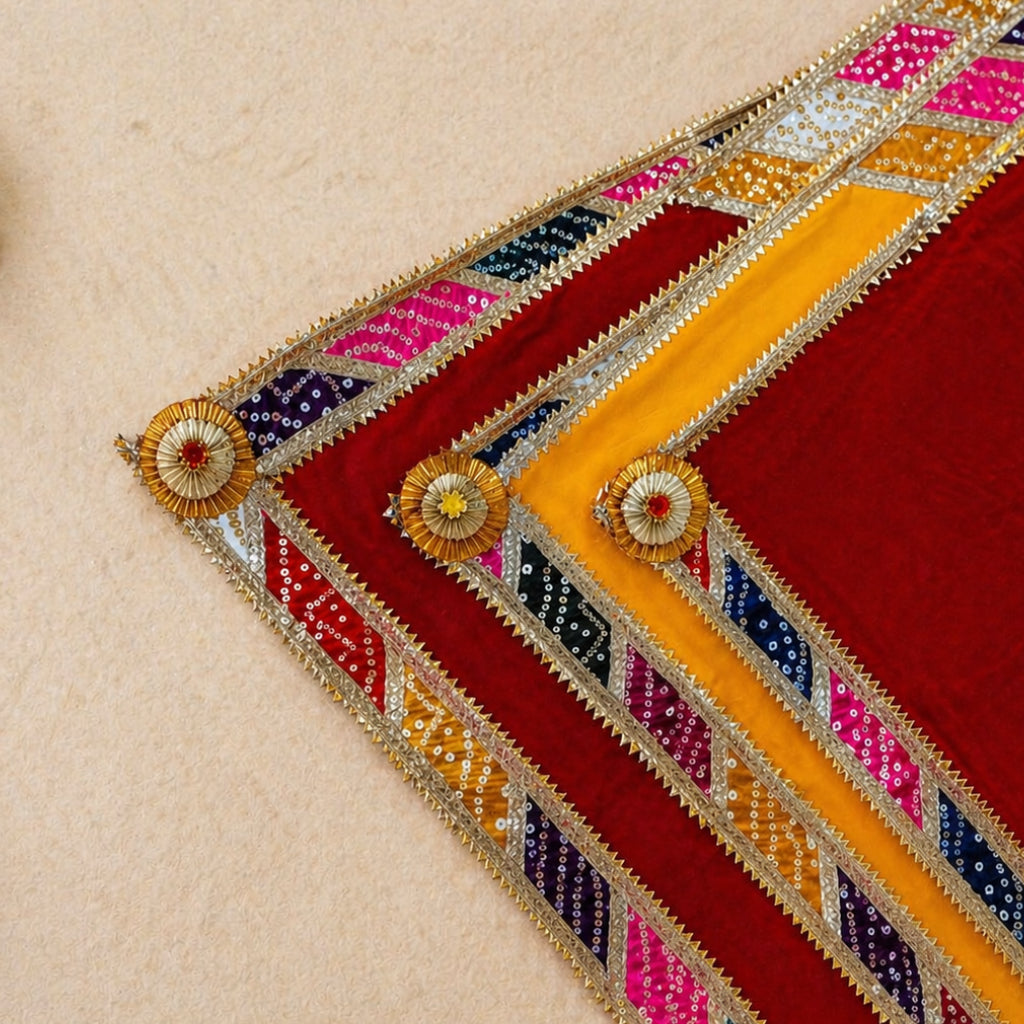 Velvet Chowki Cover with Bandhej Lace – Pooja Decor (Multi Color)