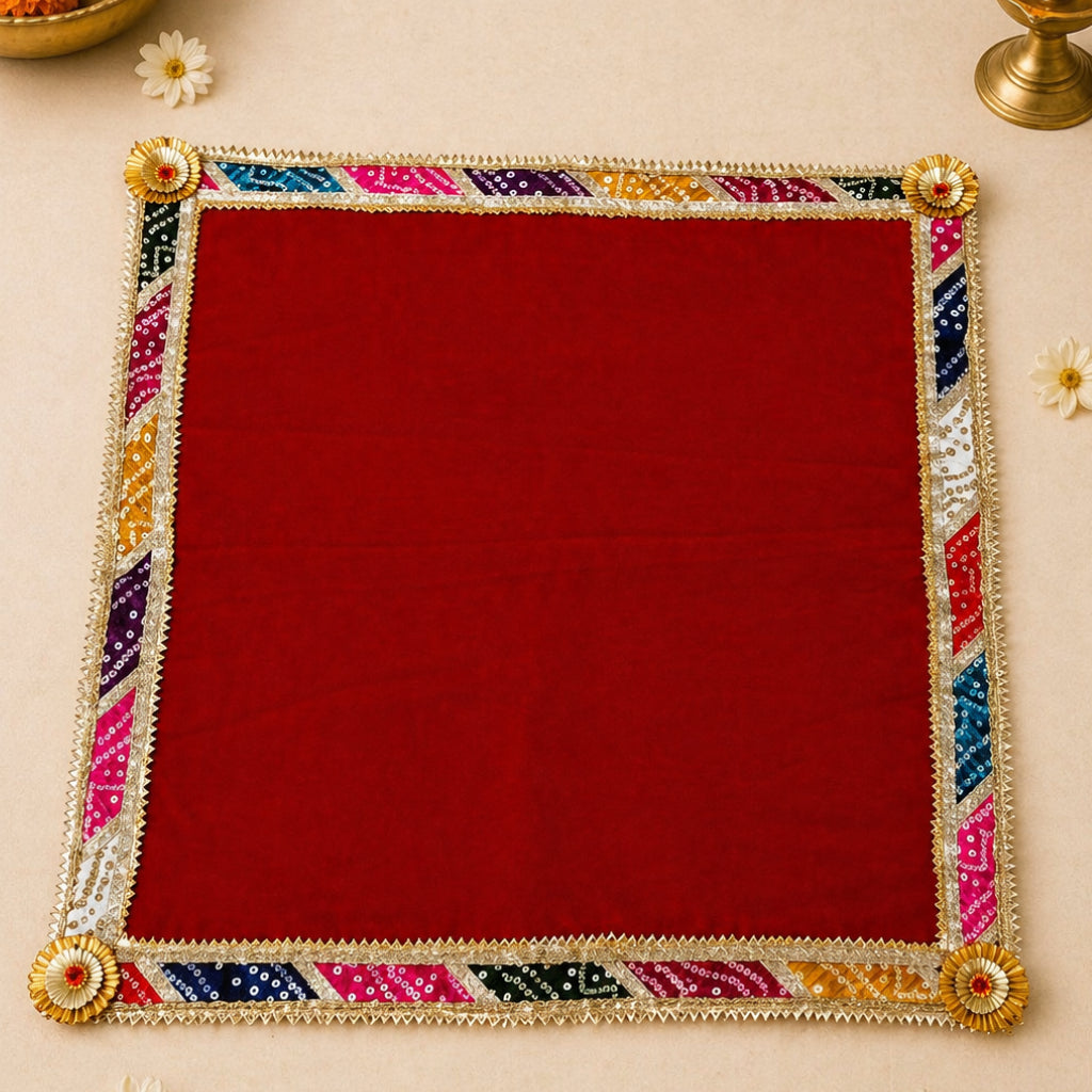 Velvet Chowki Cover with Bandhej Lace – Pooja Decor (Multi Color)