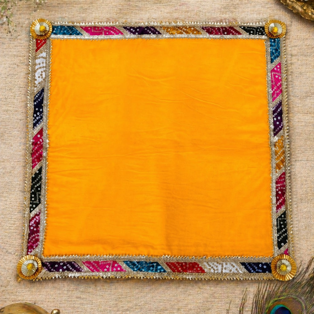 Velvet Chowki Cover with Bandhej Lace – Pooja Decor (Multi Color)
