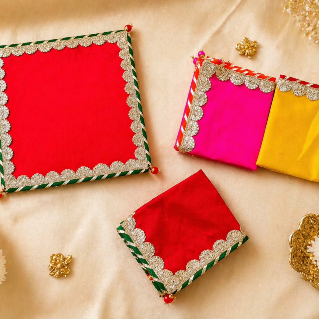 Fancy Lace Chowki Cover with Tassel – Pooja Decor (Multi Color)