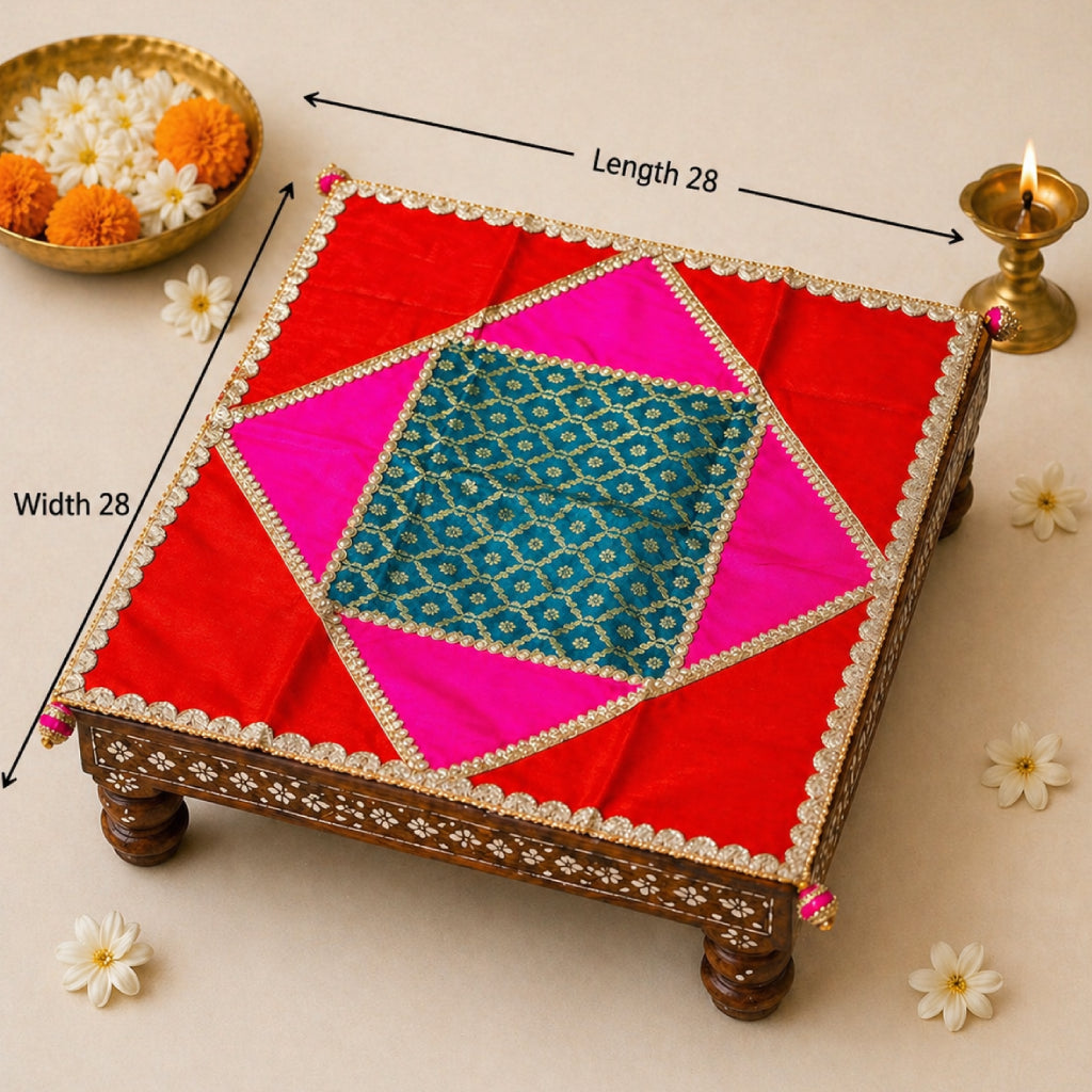Designer Chowki Cover with Lace Work – Pooja Decor (Multi Color)