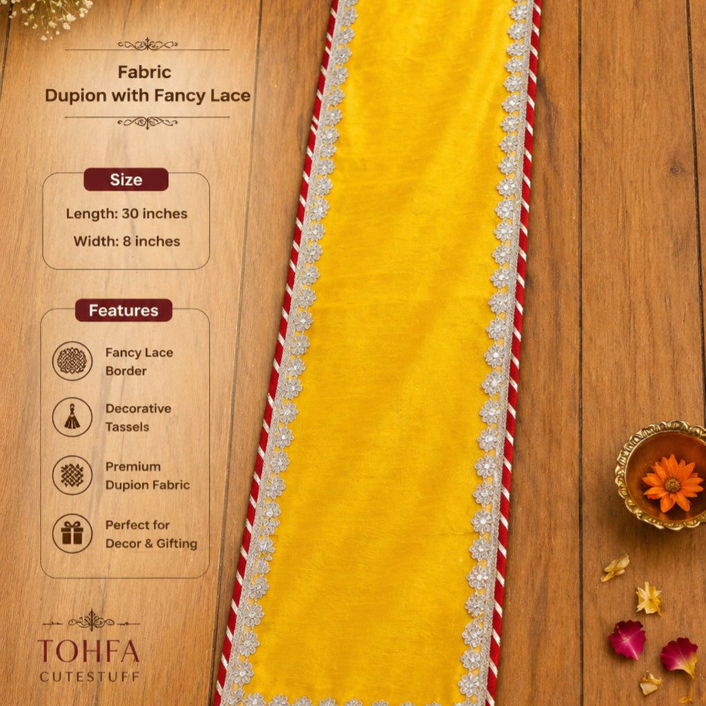 Dupion Fabric Table Runner with Fancy Lace Border & Tassels – Decorative Festive Runner