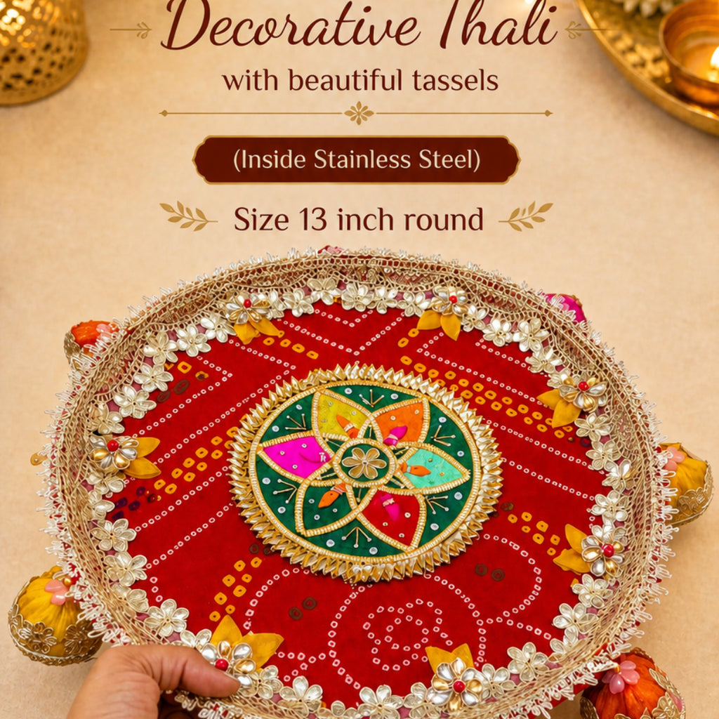 Bhandhani Decorative Pooja Thali (13 Inch, Multi-Color, Stainless Steel Base)