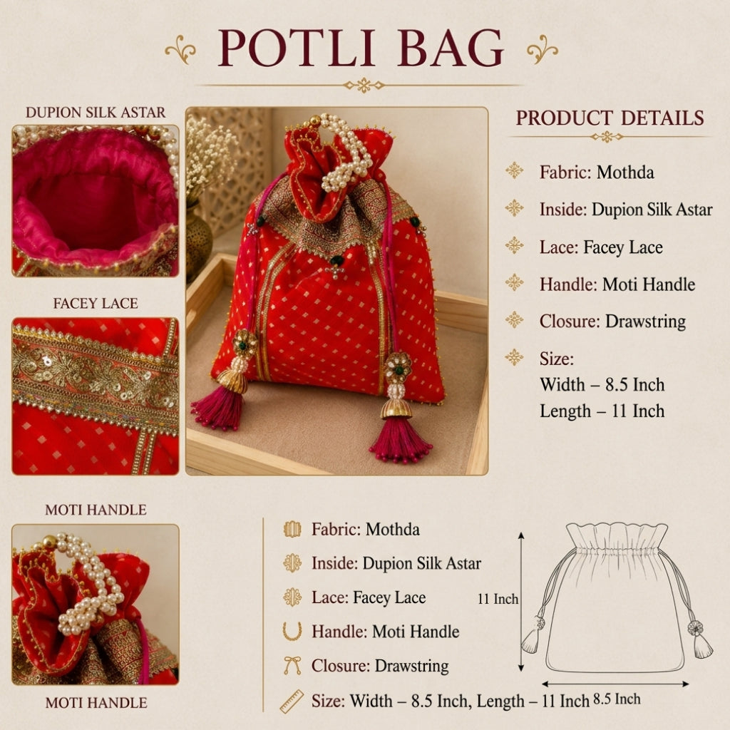 Mothda Potli Bag with Pearl Handle | Ethnic Wedding Clutch Multi-Color