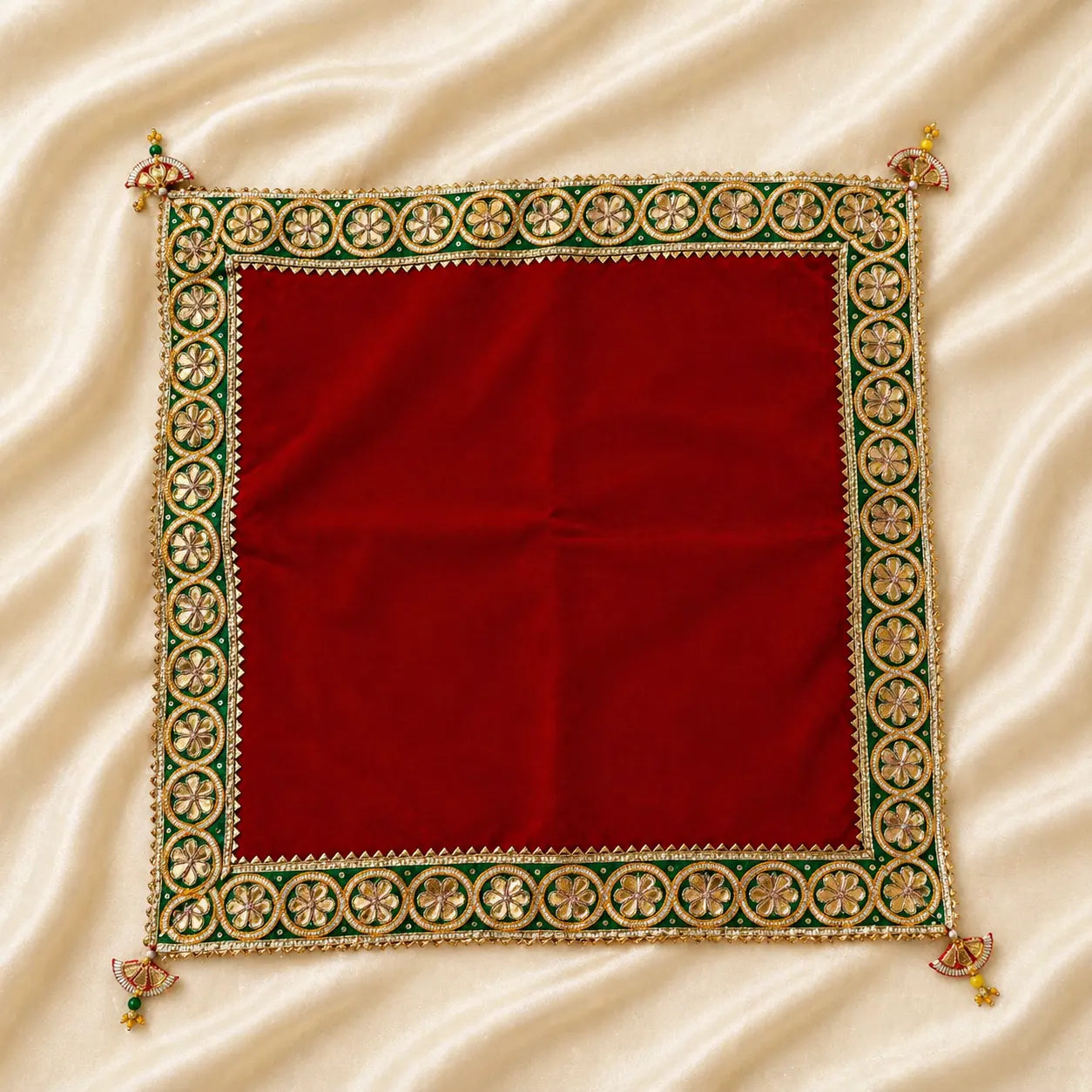 Premium Velvet Pooja Mat with Gota Patti Lace & Tassel – Handcrafted Decor