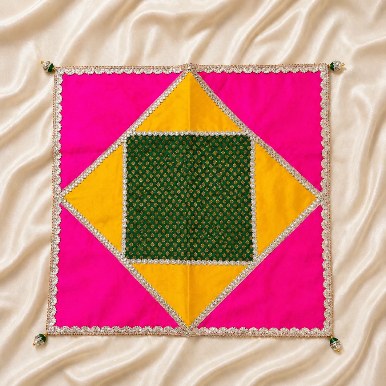Designer Chowki Cover with Lace Work – Pooja Decor (Multi Color)