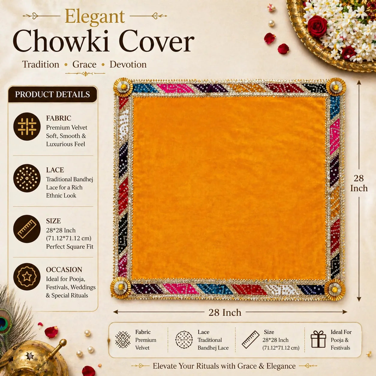 Velvet Chowki Cover with Bandhej Lace – Pooja Decor (Multi Color)