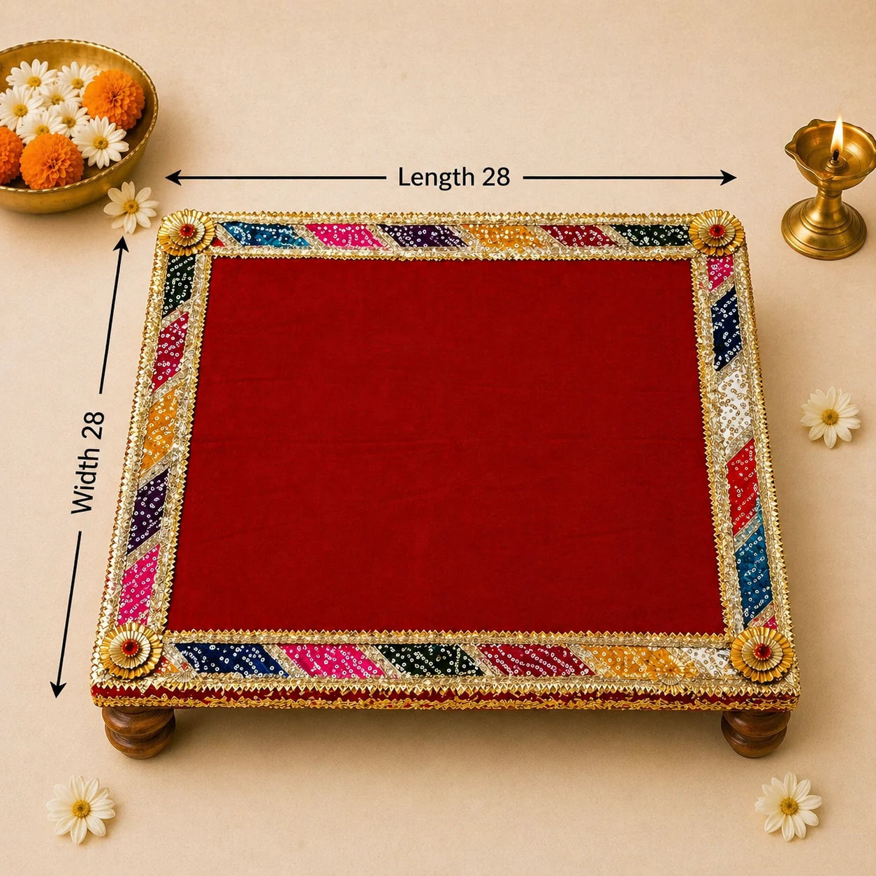 Velvet Chowki Cover with Bandhej Lace – Pooja Decor (Multi Color)