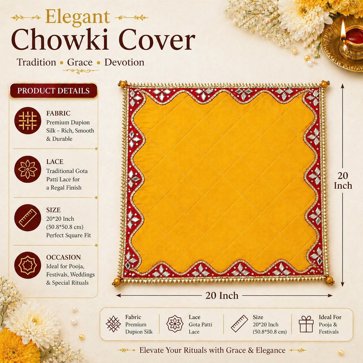 Silk Chowki Cover with Gota Patti Lace – Elegant Pooja Chowki Cloth (Multi-Color Available)