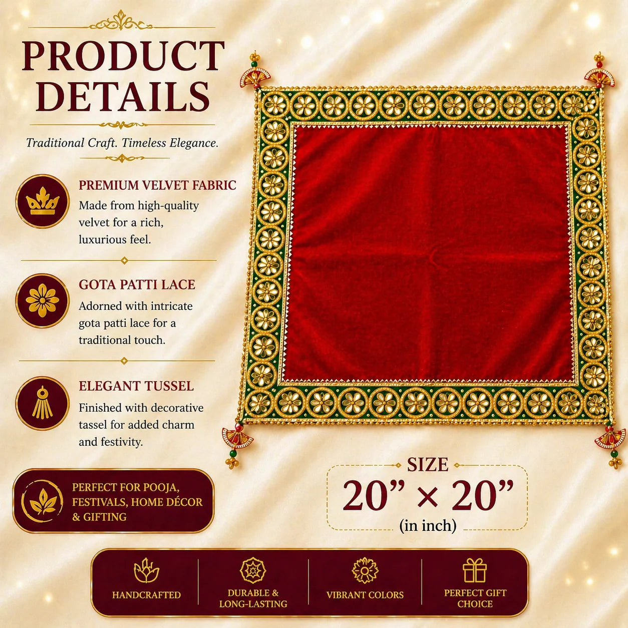 Premium Velvet Pooja Mat with Gota Patti Lace & Tassel – Handcrafted Decor