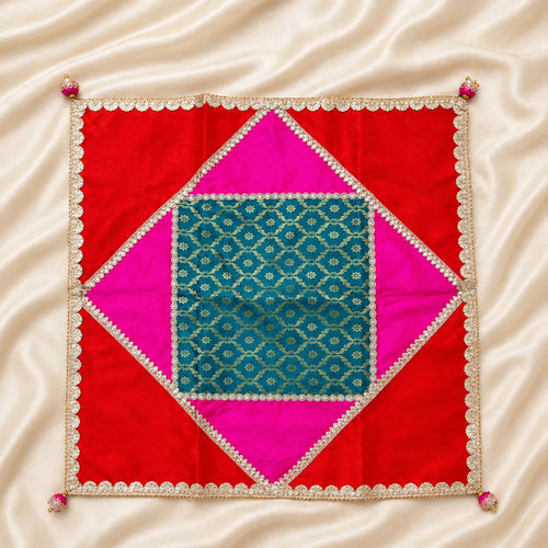 Designer Chowki Cover with Lace Work – Pooja Decor (Multi Color)