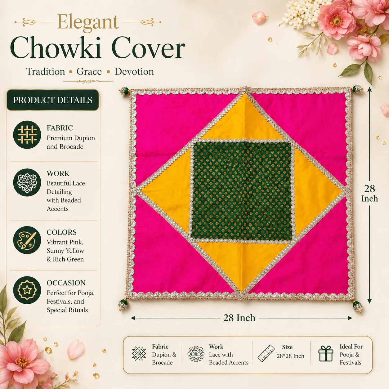 Designer Chowki Cover with Lace Work – Pooja Decor (Multi Color)