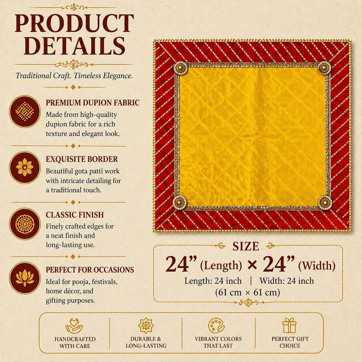 Dupion Silk Chowki Cover with Gota Patti Border (Multi Color Available)