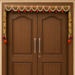 Handcrafted Traditional Green-Gold Embroidered Toran with Scalloped Arches, Ghungroos & Side Latkans