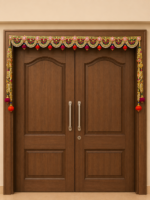 Handcrafted Traditional Green-Gold Embroidered Toran with Scalloped Arches, Ghungroos & Side Latkans