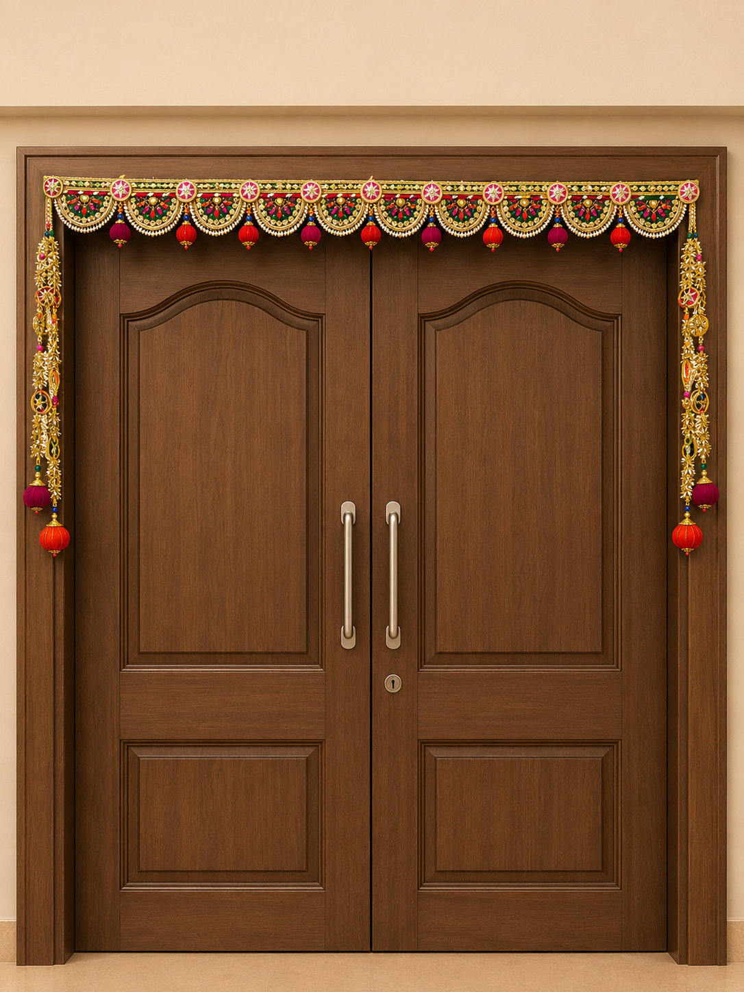 1 Handcrafted Traditional Green-Gold Embroidered Toran with Scalloped Arches, Ghungroos & Side Latkans - Image 1