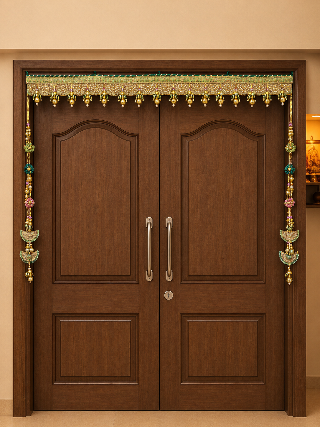 1 Handcrafted Traditional Green-Gold Embroidered Toran with Pearl Ghungroos & Crescent Moon Side Latkans - Image 1