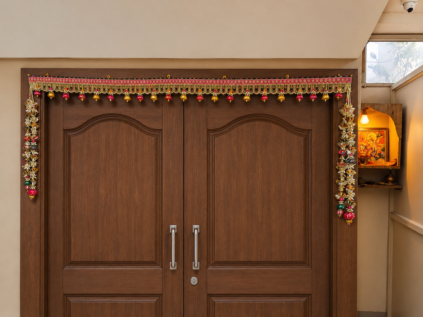 1 Handcrafted Traditional Pink-Gold Embroidered Toran with Fabric Bell Tassels & Scalloped U-Arch Panels - Image 1