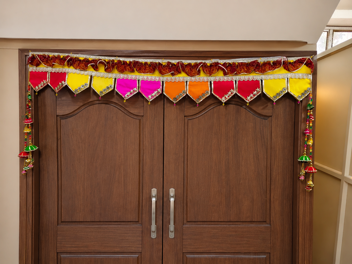 1 Handcrafted Traditional Multi-Colour Pennant Toran with Pearl Tassels & Side Latkans - Image 1