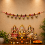 Handcrafted Traditional Beaded Chain Mandir Wall Toran with Fabric Bell Tassels & Mirror Work – Horizontal Hanging