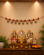 Handcrafted Traditional Beaded Chain Mandir Wall Toran with Fabric Bell Tassels & Mirror Work – Horizontal Hanging