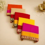 Handcrafted Traditional Red-Yellow Runner Pooja Aasan with Gold Floral Embroidery & Pink Border