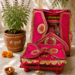 Handcrafted Pink Silk Religious Book Cover with Gold Embroidery & Mirror Medallions – Ramcharitmanas Cover