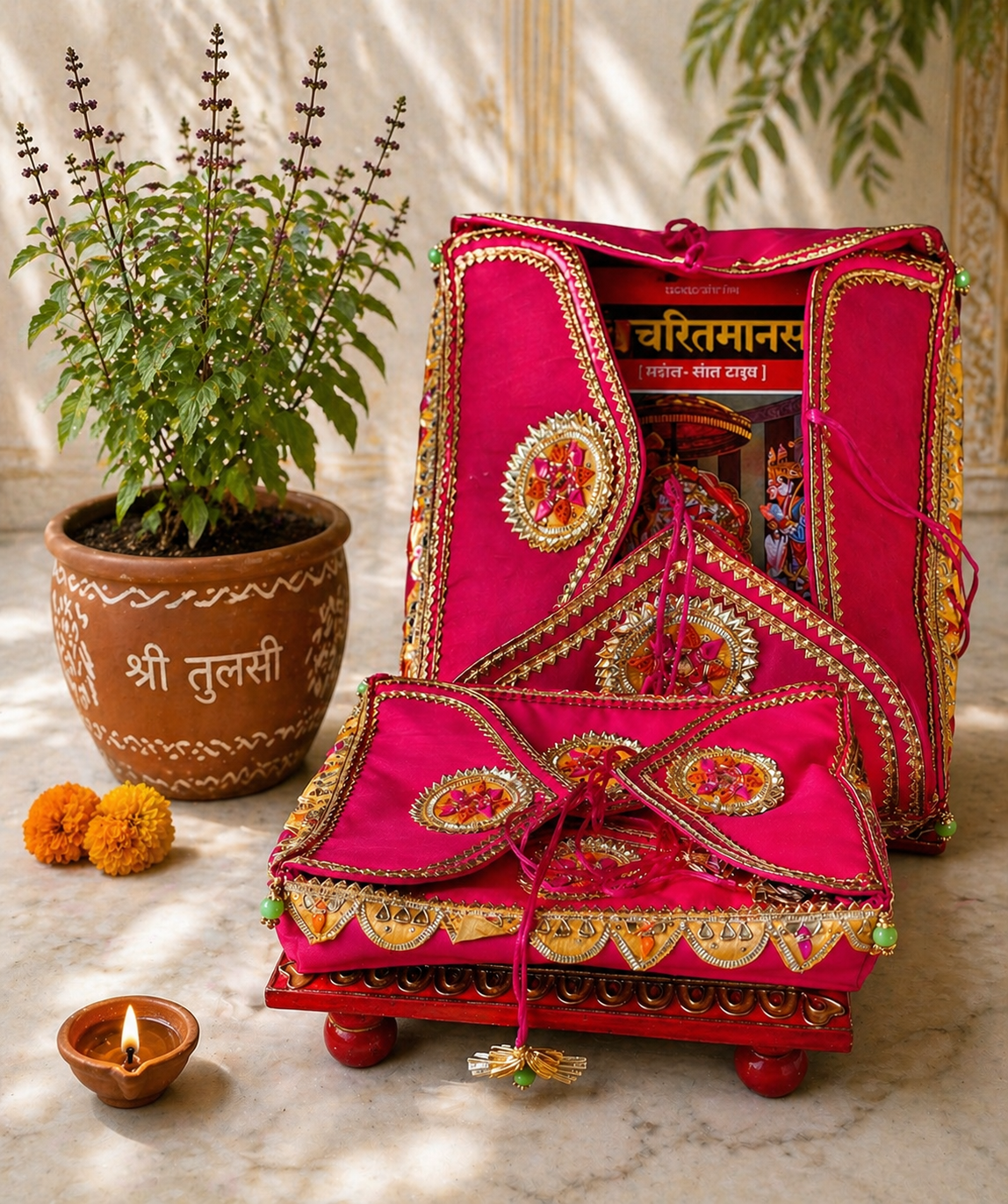 1 Handcrafted Pink Silk Religious Book Cover with Gold Embroidery & Mirror Medallions – Ramcharitmanas Cover - Image 1