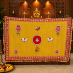 Handcrafted Traditional Mandir Backdrop with Ganesha Motif, Cow Emblems & Swastik Symbols – Yellow & Red
