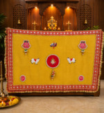 Handcrafted Traditional Mandir Backdrop with Ganesha Motif, Cow Emblems & Swastik Symbols – Yellow & Red