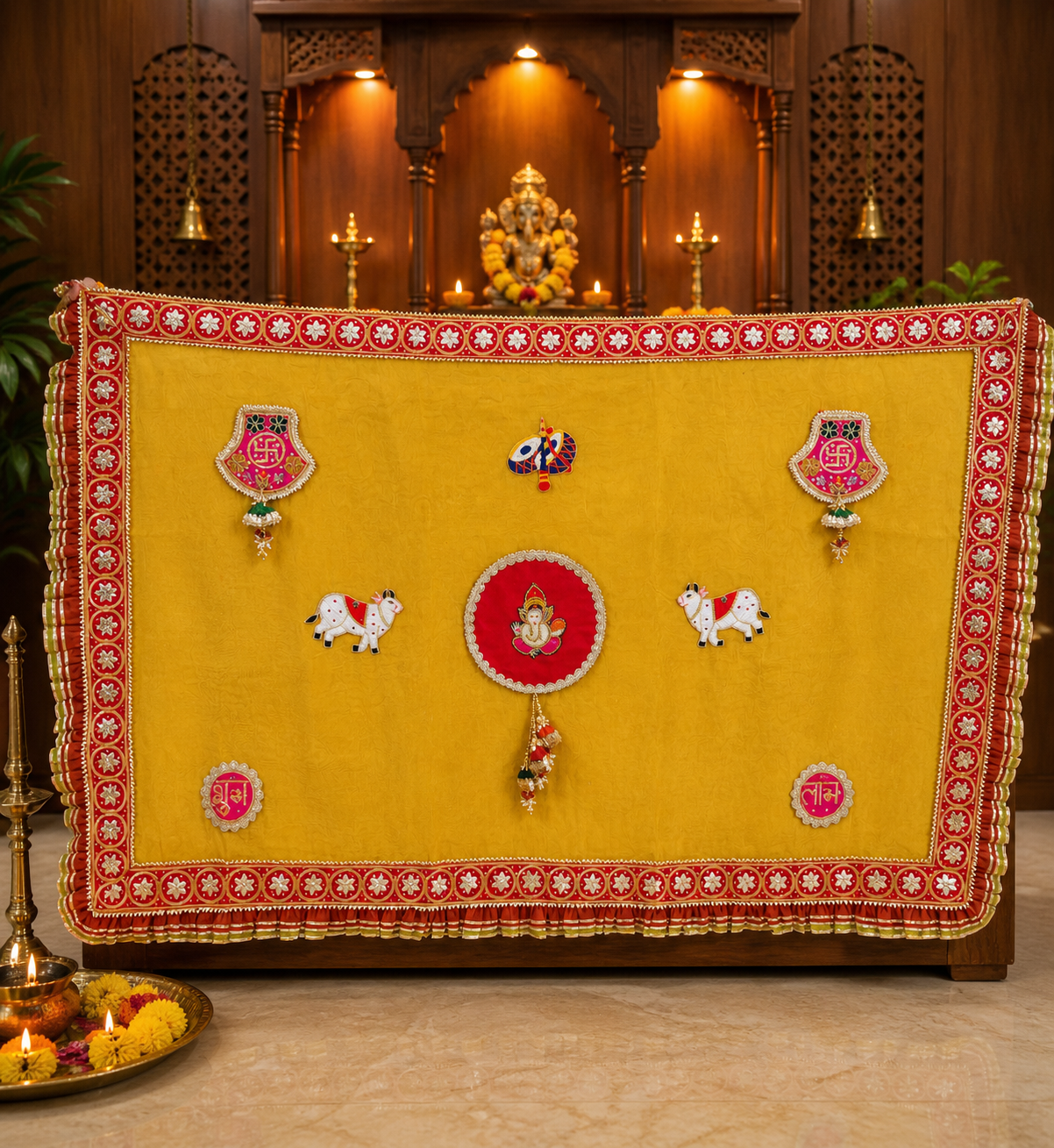 1 Handcrafted Traditional Mandir Backdrop with Ganesha Motif, Cow Emblems & Swastik Symbols – Yellow & Red - Image 1