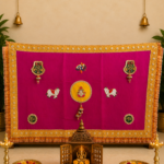 Handcrafted Traditional Mandir Backdrop with Ganesha, Cow, Swastik & Shubh-Labh Patches – Organza with Tissue Frill
