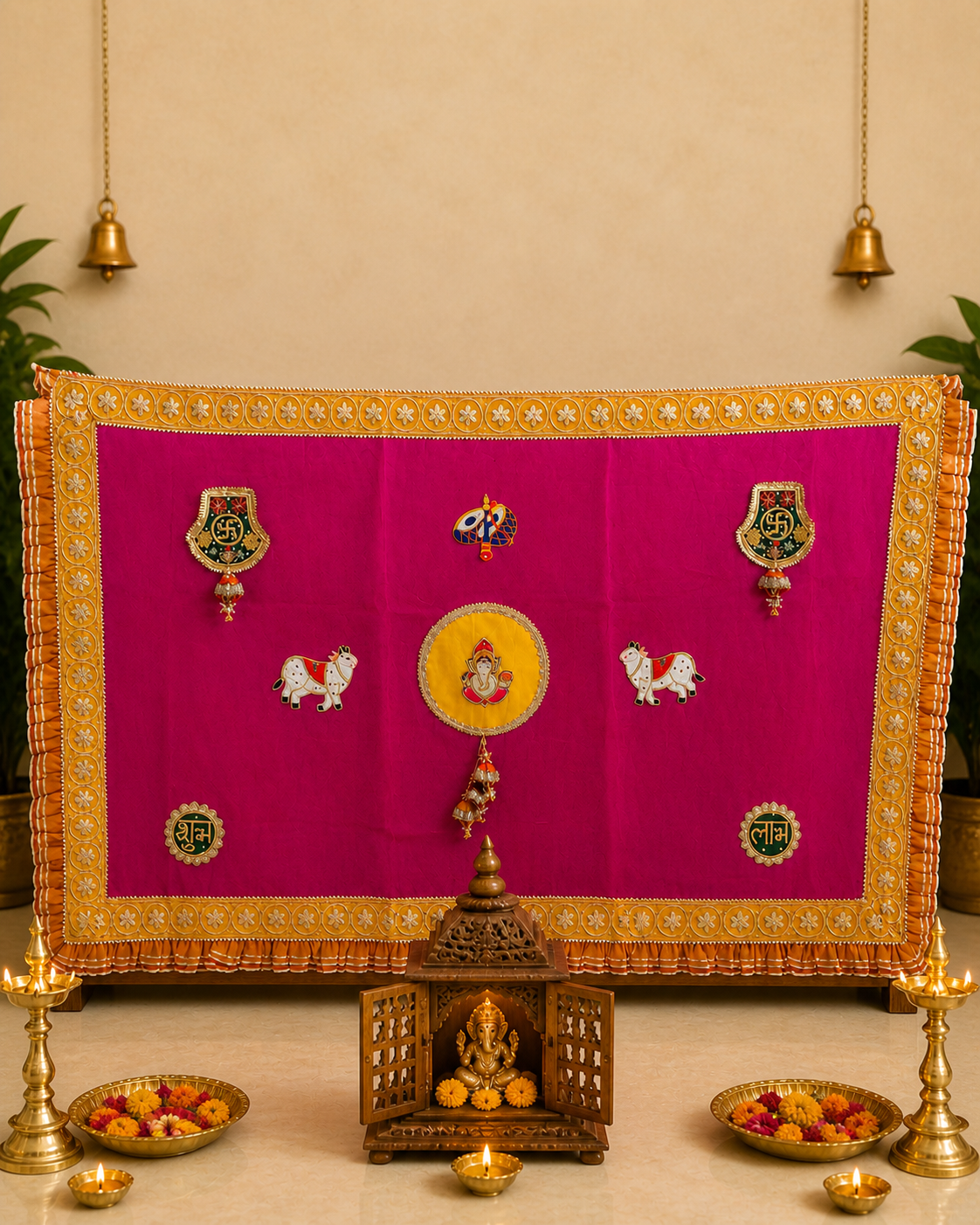 1 Handcrafted Traditional Mandir Backdrop with Ganesha, Cow, Swastik & Shubh-Labh Patches – Organza with Tissue Frill - Image 1