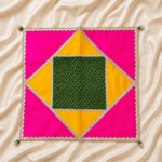 Handcrafted Pink-Yellow-Green Geometric Pooja Aasan with Pearl Lace Border & Beaded Ball Corners