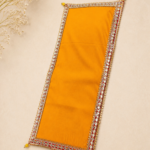 Handcrafted Traditional Red Gold-Silver Runner Pooja Aasan with Diamond Mirror Work Border & Beaded Corner Tassels
