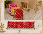 Handcrafted Multi-Colour Diamond Pattern Runner Pooja Aasan Set with Gold Crisscross Gota & Silver Lace Border