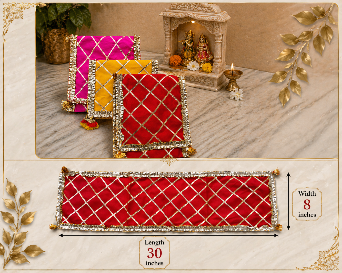 1 Handcrafted Multi-Colour Diamond Pattern Runner Pooja Aasan Set with Gold Crisscross Gota & Silver Lace Border - Image 1