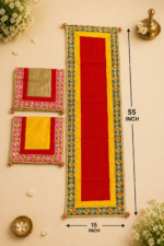 Handcrafted Traditional Red-Green Pooja Runner Aasan Set with Gold Flower Medallion Borders & Matching Aasans