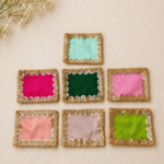 Handcrafted Multi-Colour Small Runner Pooja Aasan Set with Gold Scalloped Lace Border & Sequin Work – 7 Vibrant Colours