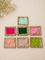 Handcrafted Multi-Colour Small Runner Pooja Aasan Set with Gold Scalloped Lace Border & Sequin Work – 7 Vibrant Colours
