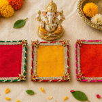 Handcrafted Multi-Colour Small Runner Pooja Aasan Set with Silver Mirror Work Border & Gold Star Corner Accents
