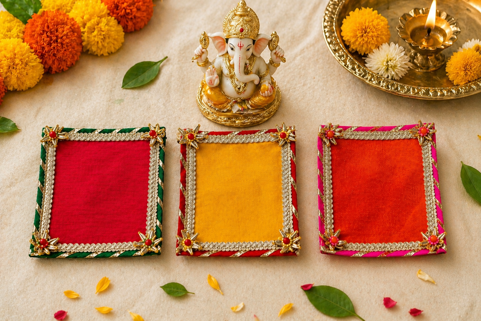 1 Handcrafted Multi-Colour Small Runner Pooja Aasan Set with Silver Mirror Work Border & Gold Star Corner Accents - Image 1