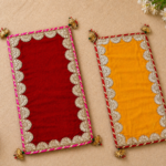 Handcrafted Multi-Colour Small Runner Pooja Aasan Set with Silver Mirror Work Border & Gold Star Corner Accents