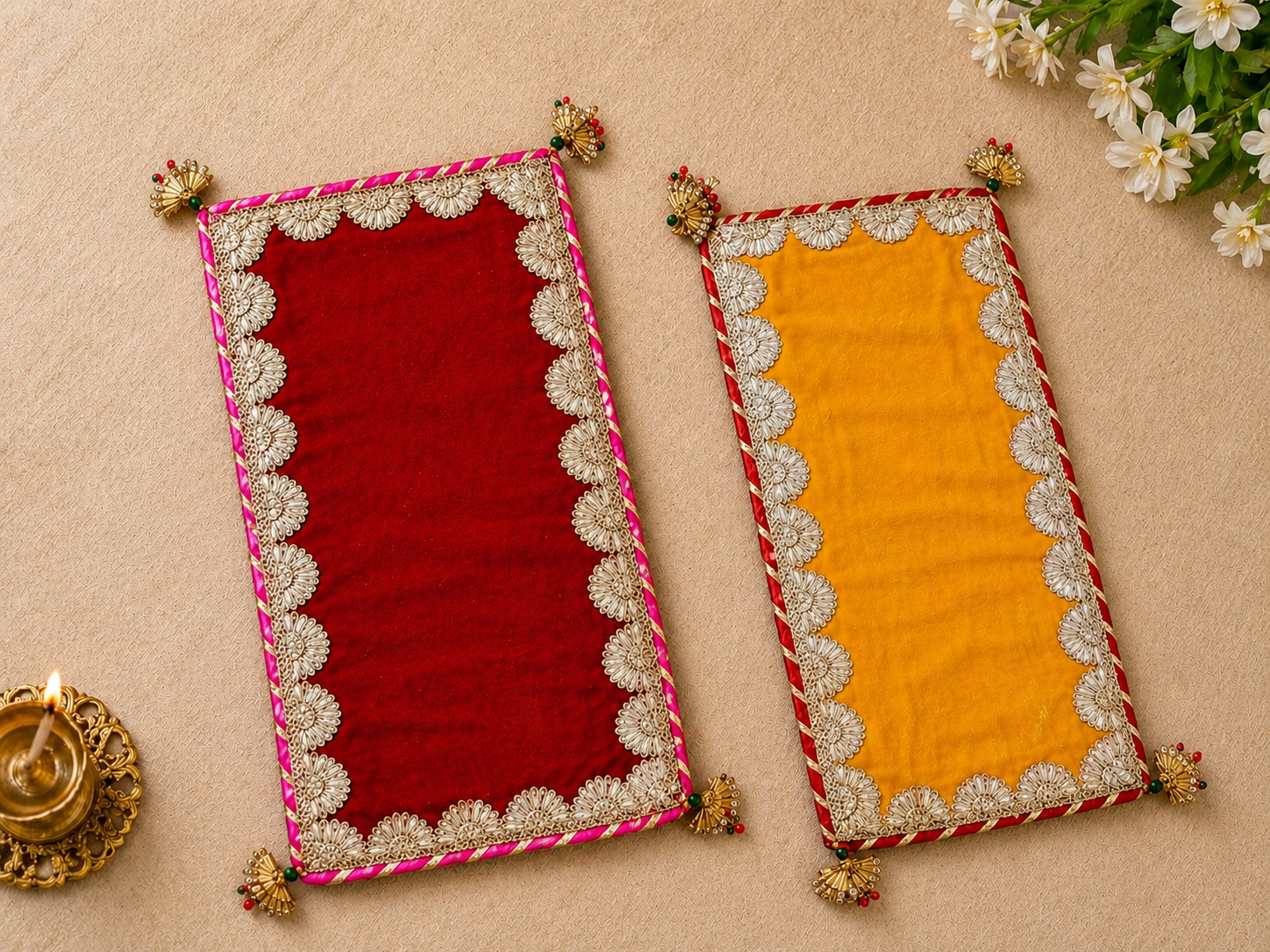 1 Handcrafted Multi-Colour Small Runner Pooja Aasan Set with Silver Mirror Work Border & Gold Star Corner Accents - Image 1