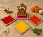 Handcrafted Multi-Colour Small Runner Pooja Aasan Set with Silver Scalloped Lace Border & Gold Spiky Edging