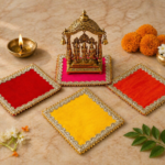 Handcrafted Multi-Colour Small Runner Pooja Aasan Set with Silver Scalloped Lace Border & Gold Spiky Edging