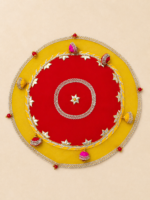 Handcrafted Red-Yellow Circular Pooja Thali Cover with Silver Star Motifs, Bell Tassels & Gold Star Medallion - Image 2