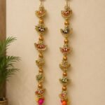 Handcrafted Traditional Gold Door Side Toran (Latkans) with Multi-Tiered Shell Elements & Colourful Ball Accents